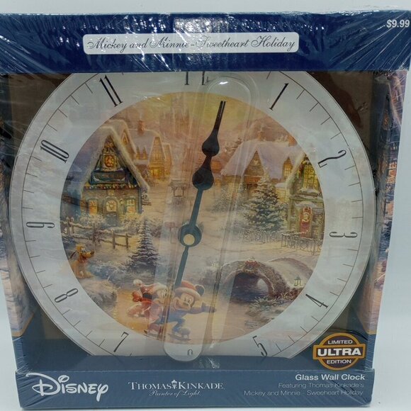 Thomas Kinkade 2016 Disney Mickey & Minnie Sweetheart Holiday Glass Wall Clock - Picture 1 of 7
